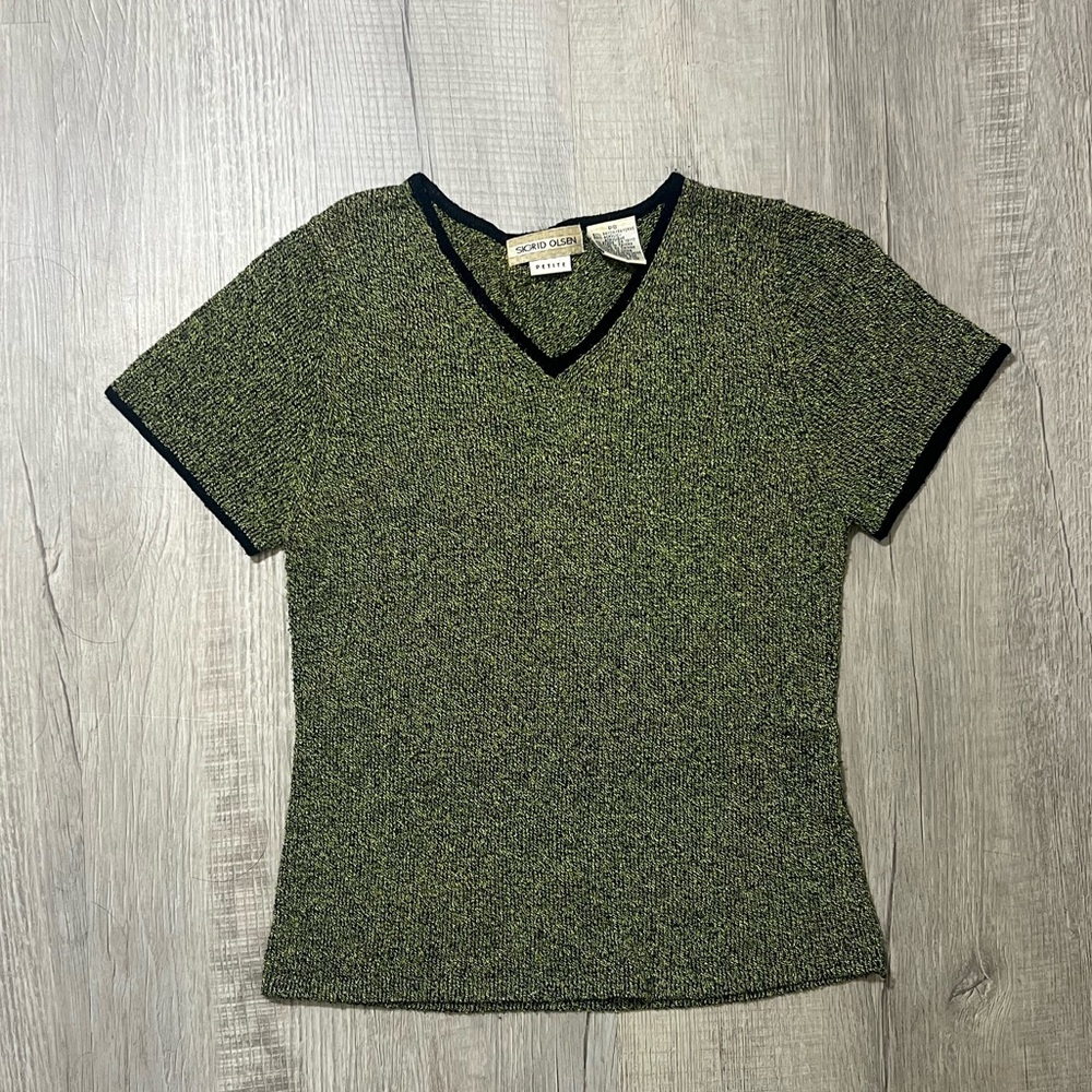 Sigrid Olsen Olive V-Neck Short Sleeve Tee vintage size small petite